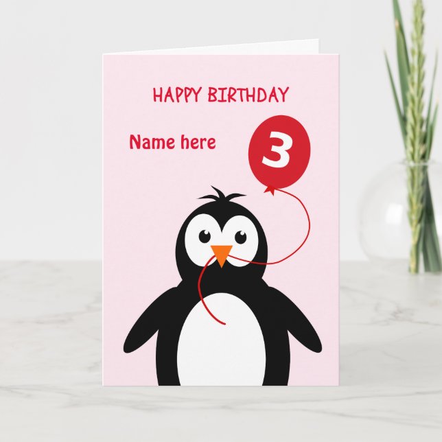 Cute 3: a födelsedagspenguin, lägg till namn rosa kort (Framsida)