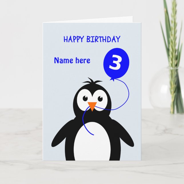 Cute 3-årsdagars penguin lägg till namn blue kort (Framsida)