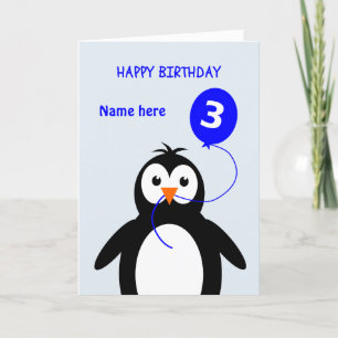 Cute 3-årsdagars penguin lägg till namn blue kort