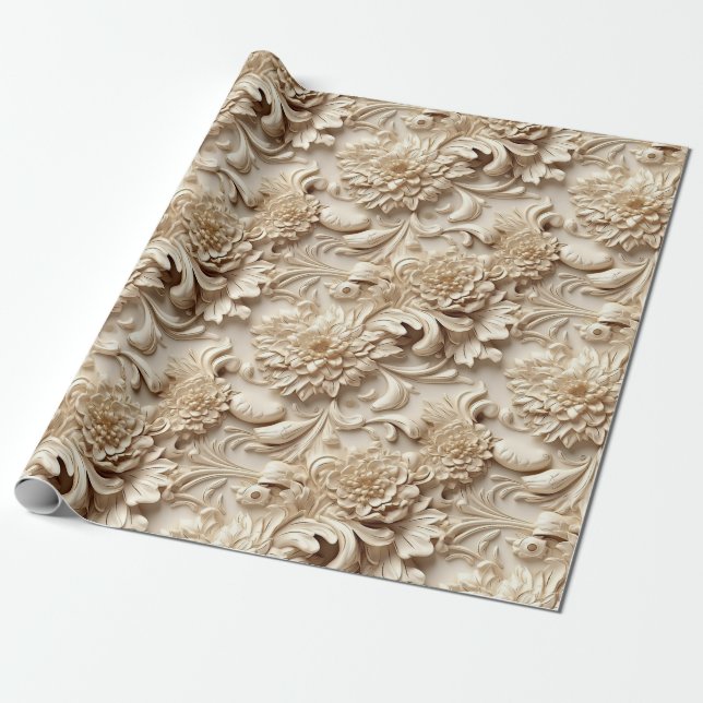 Cute 3-D Ivory/Guld Jul-Blommigtar Presentpapper (Utrullad)