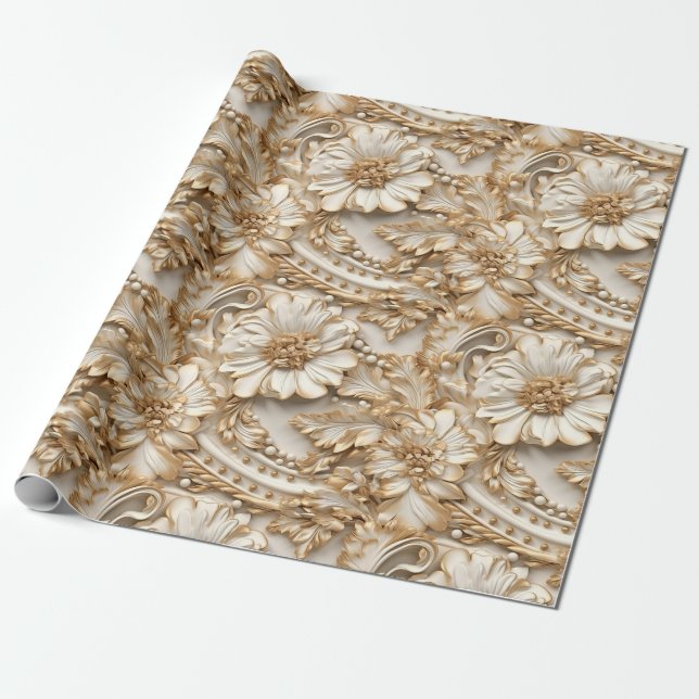 Cute 3-D Ivory/Guld Jul-Blommigtar Presentpapper (Utrullad)