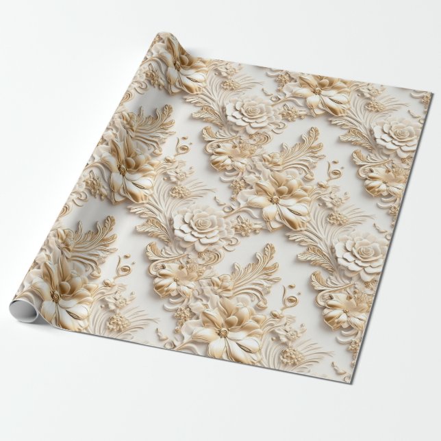 Cute 3-D Ivory/Guld Jul-Blommigtar Presentpapper (Utrullad)