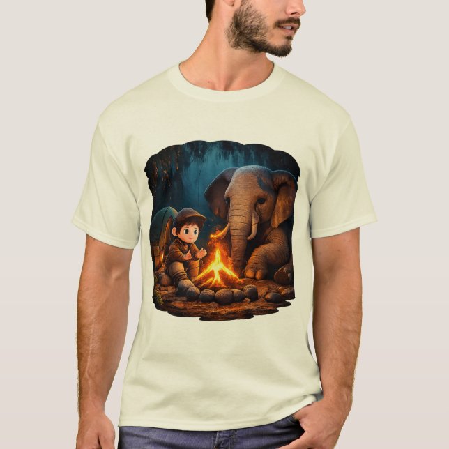 “Cute 3D Boy & Elephant Campfire Sticker in Dark J T Shirt (Framsida)