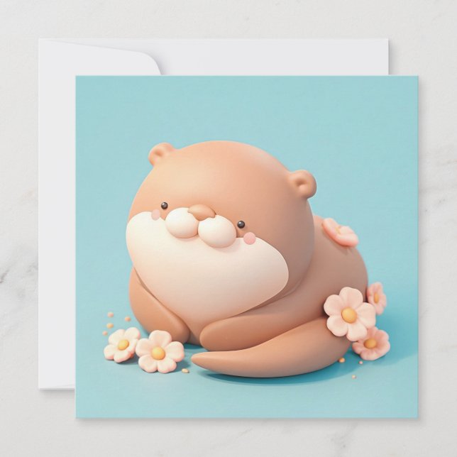 Cute 3D Clay Otter with Pink Flowers Postcard (Framsida)
