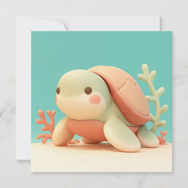 Cute 3D Clay Sea Turtle with Orange Coral Postcard (Framsida)
