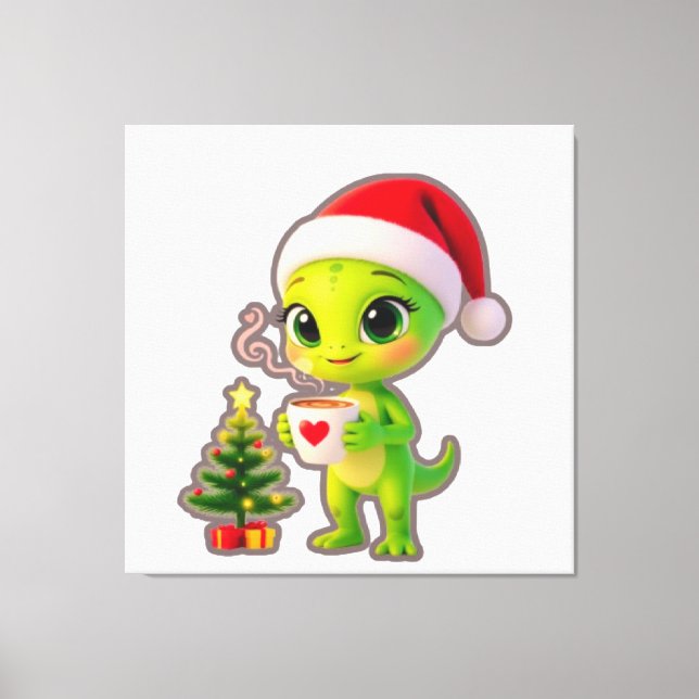 **Cute 3D Green Alien in Santa Hat with Hot Chocol Canvastryck (Framsida)