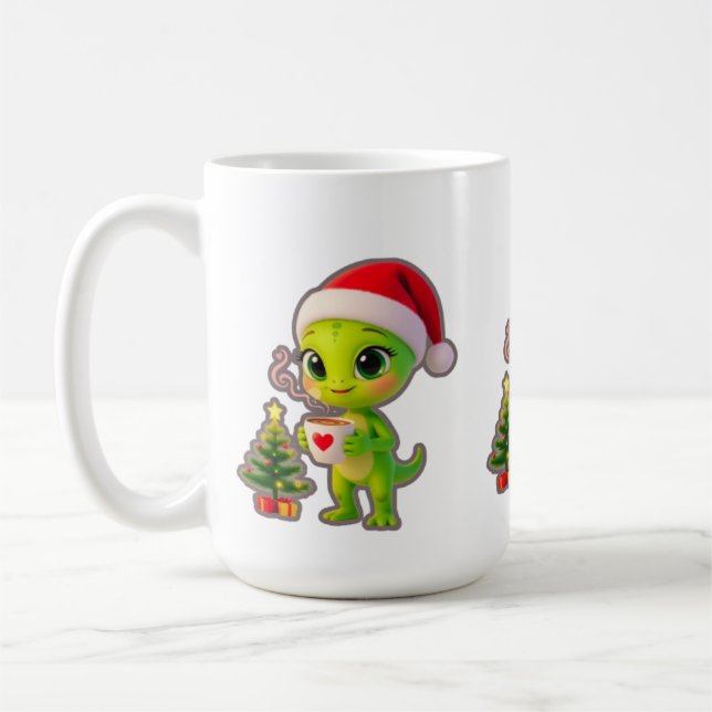 **Cute 3D Green Alien in Santa Hat with Hot Chocol Kaffemugg (Vänster)