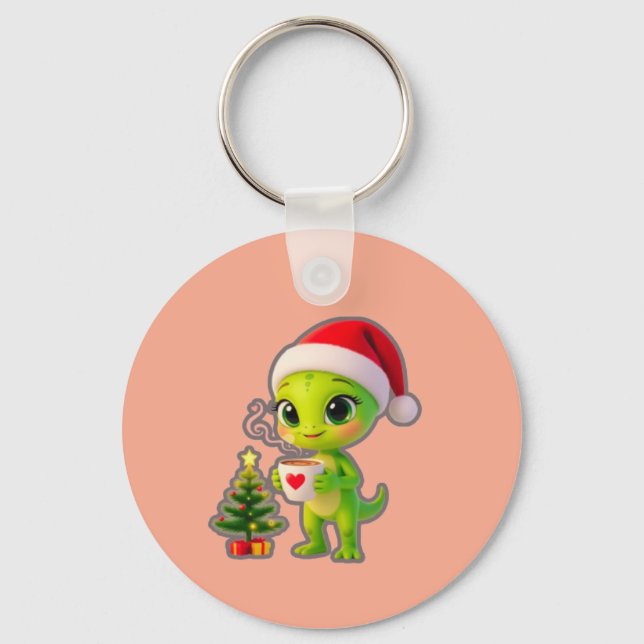 **Cute 3D Green Alien in Santa Hat with Hot Chocol Nyckelring (Framsida)