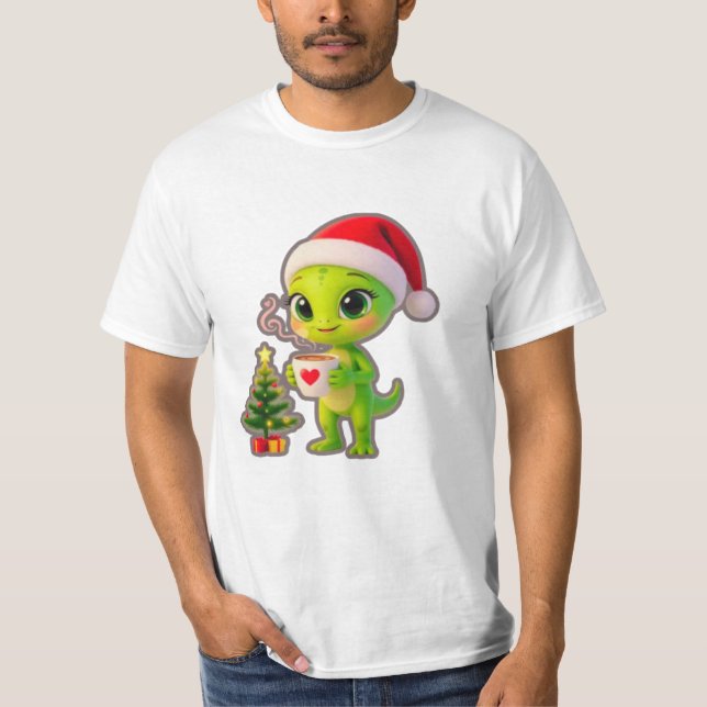 **Cute 3D Green Alien in Santa Hat with Hot Chocol T Shirt (Framsida)