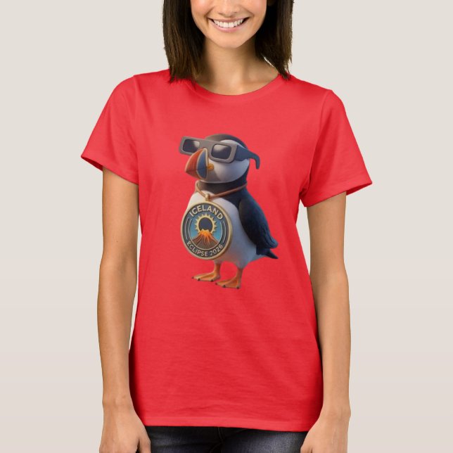 Cute 3D Iceland Puffin Total Solar Eclipse 2026 T Shirt (Framsida)
