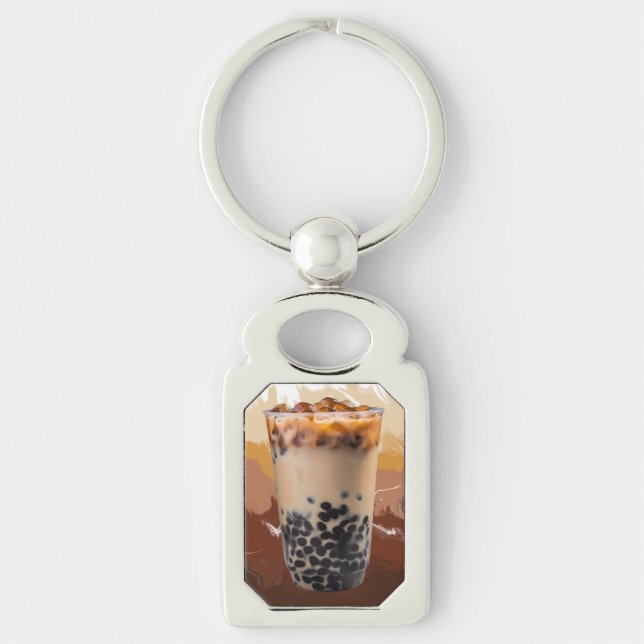 Cute 3D Milk Tea Design – Boba Lover Aesthetic Rektangulärt Silverfärgad Nyckelring (Framsidan)