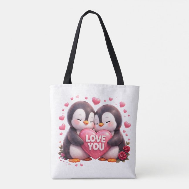 Cute 3D Penguin Love Tote Bag Tygkasse (Baksida)