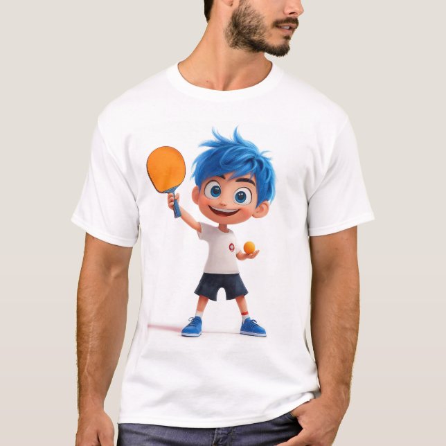 Cute 3D Ping Pong Boy Spela upp Bord Tennis T Shirt (Framsida)