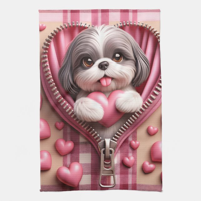 Cute 3D Shih Tzu i Rosa och vit bakgrund Kökshandduk (Vertikal)