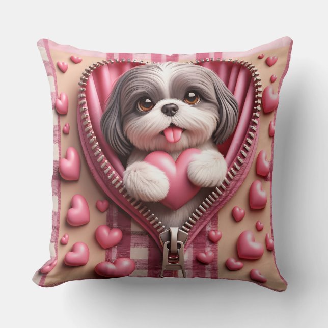 Cute 3D Shih Tzu i Rosa och vit bakgrund Kudde (Framsida)