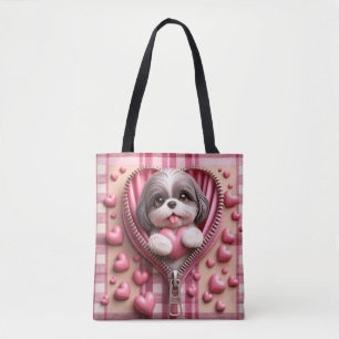 Cute 3D Shih Tzu i Rosa och vit bakgrund Tygkasse