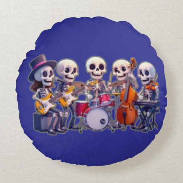 Cute 3D Skeleton Music Band – Adorable Cartoon Con Rund Kudde (Framsidan)