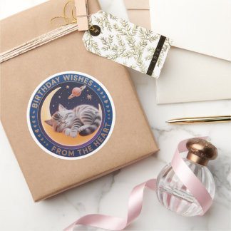 Cute 3D Sleeping Cat on Moon Birthday Wishes Round Runt Klistermärke