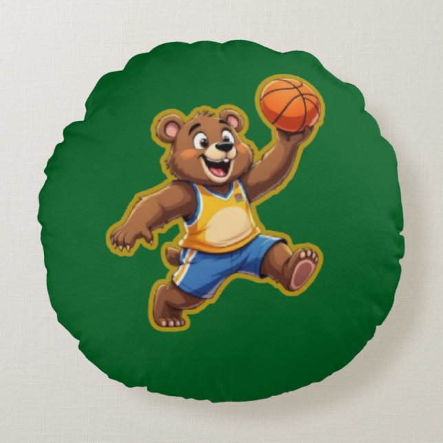 Cute 3D Teddy Bear Playing Basketball – Adorable S Rund Kudde (Framsidan)