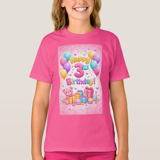 Cute 3rd Birthday Girl Balloon Design – Three Year T Shirt (Framsida)