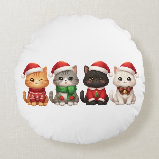 Cute 4 Christmas Cats - Holiday Cats Design Rund Kudde (Framsidan)