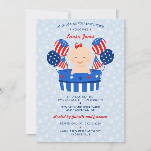 Cute 4:e juli Patriotic Flicka Baby Shower Inbjudningar (Framsida)