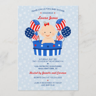 Cute 4:e juli Patriotic Flicka Baby Shower Inbjudningar