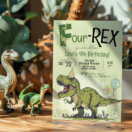 Cute 4-REX Funny Dinosaur Boy 4e födelsedagen Part Inbjudningar