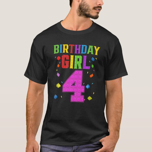Cute 4e födelsedagen 4-åriga Block Byggnad Girl T Shirt (Framsida)