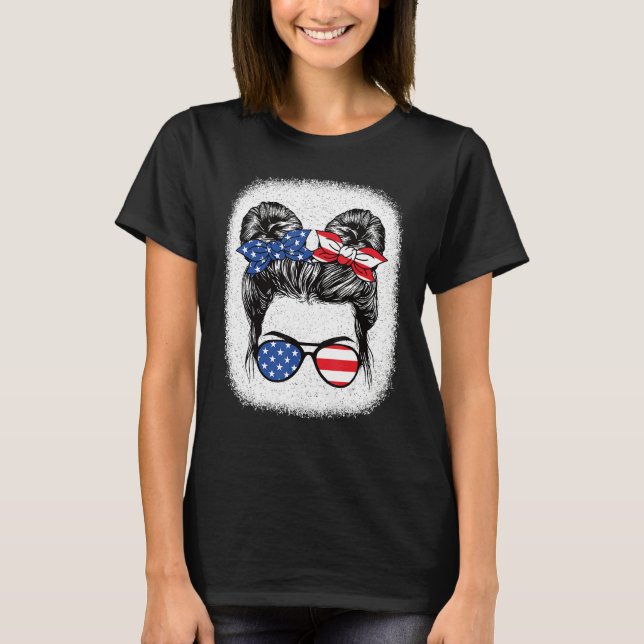 Cute 4th Of July Messy Bun Girl American Flag Patr T Shirt (Framsida)