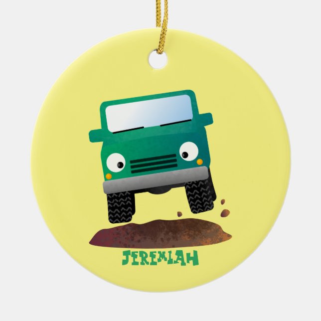 Cute 4X4 tecknad utanför fordon Julgransprydnad Keramik (Framsidan)