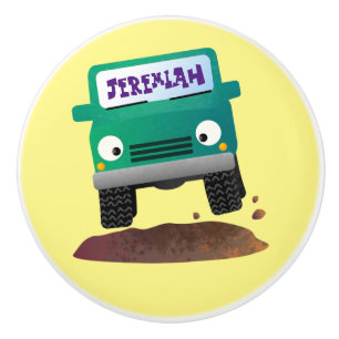 Cute 4X4 tecknad utanför fordon Knopp