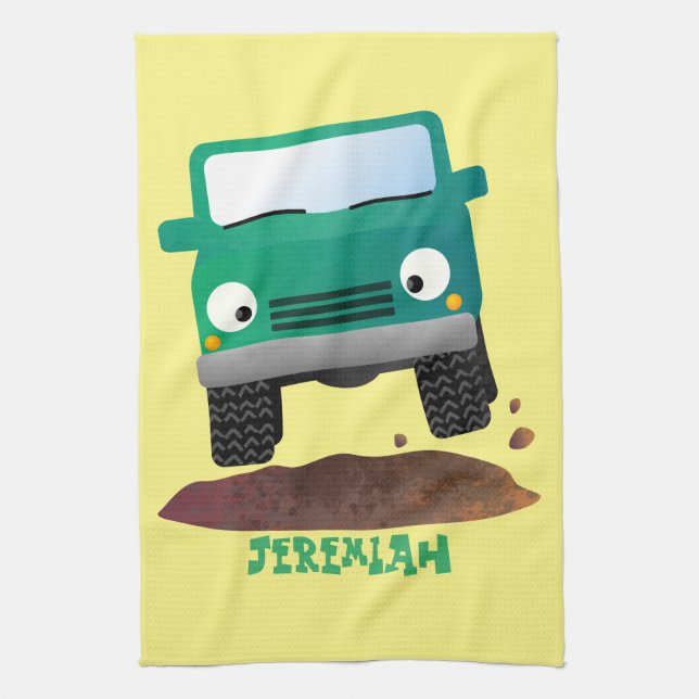 Cute 4X4 tecknad utanför fordon Kökshandduk (Vertikal)