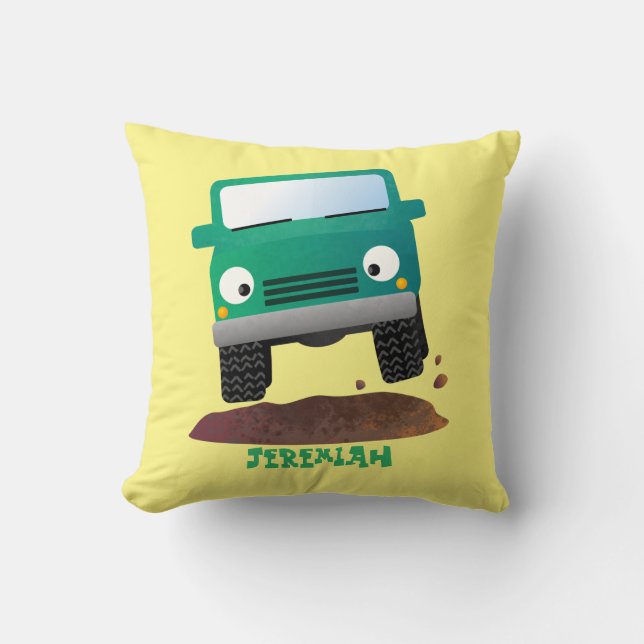 Cute 4X4 tecknad utanför fordon Kudde (Framsida)