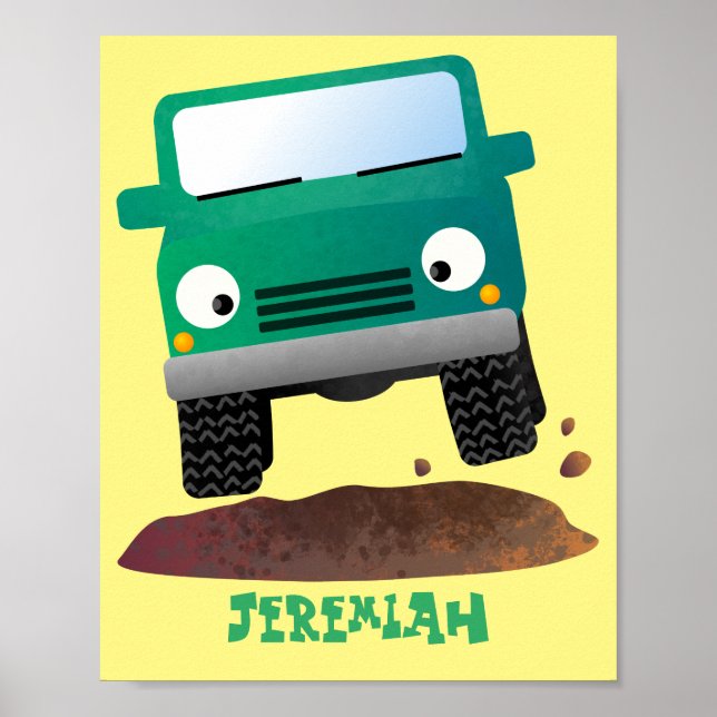 Cute 4X4 tecknad utanför fordon Poster (Framsidan)