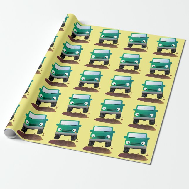 Cute 4X4 tecknad utanför fordon Presentpapper (Utrullad)