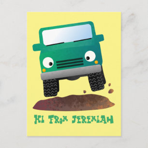 Cute 4X4 tecknad utanför fordon Vykort