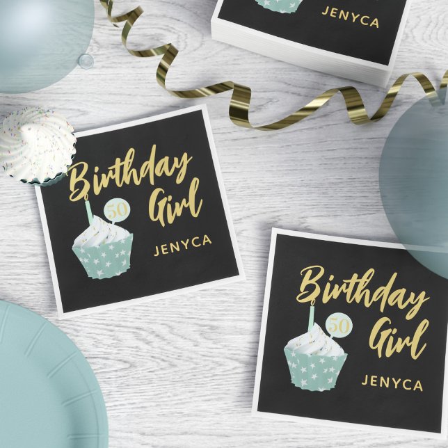 Cute 50:e födelsedagen Cupkaka Party Napkins Pappersservett (Add your name and age to these cute cupcake party napkins)