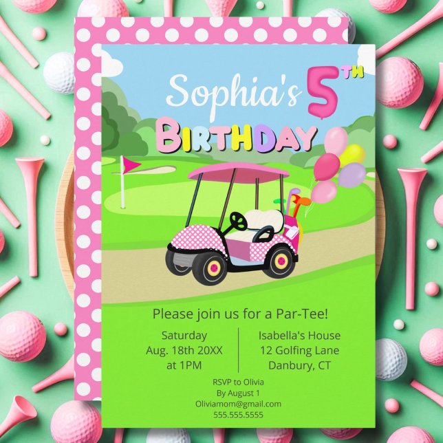 Cute 5th Birthday Polka Dot Rosa Girly Golf Inbjudningar (Skapare uppladdad)
