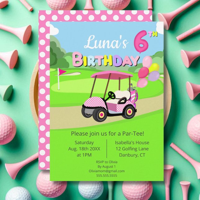 Cute 6e Birthday Polka Dot Rosa Girly Golf Inbjudningar (Skapare uppladdad)