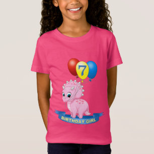 Cute 7:e Birthday Girl Rosa Triceratops Dino Tee