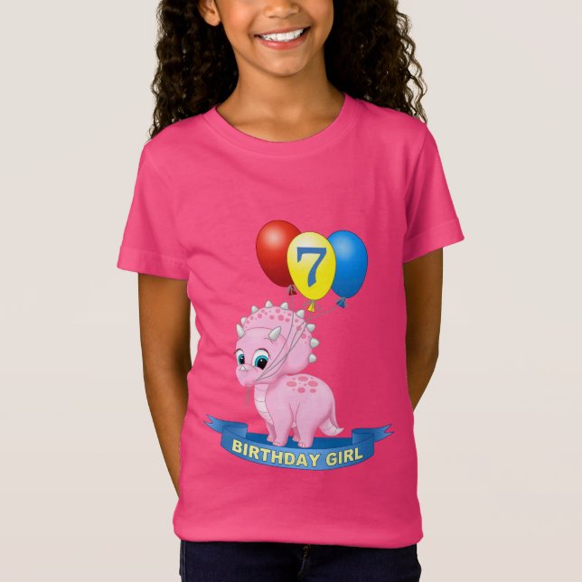Cute 7:e Birthday Girl Rosa Triceratops Dino Tee (Framsida)
