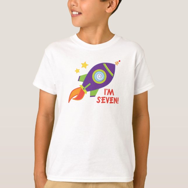 Cute 7:e Birthday Rocketship Kids Tee Shirt (Framsida)