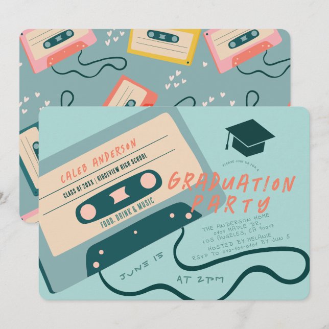 Cute 80's Blue Cassette Tape Music Studenten Inbjudningar (Fram/baksida)