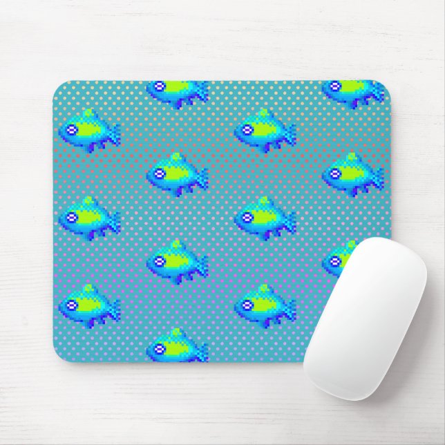 Cute 8-bitars Pixel Art Blue Grönt Fishes Geeky Ga Musmatta (Med mus)