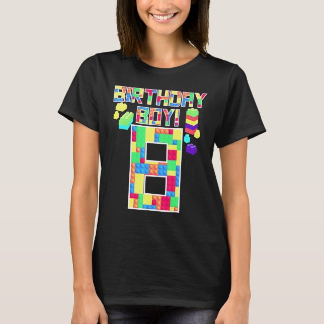 Cute 8th Birthday  8 Years Old Block Building Boys T Shirt (Framsida)