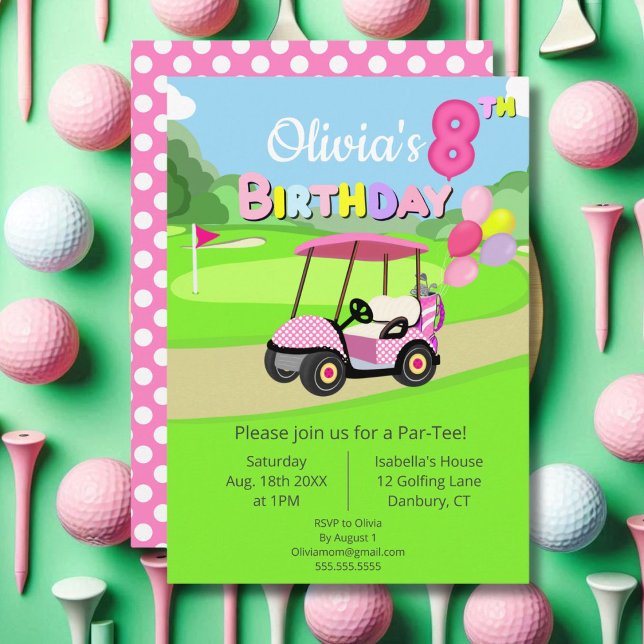 Cute 8th Birthday Polka Dot Rosa Girly Golf Inbjudningar (Skapare uppladdad)