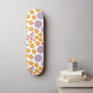 Cute 90s Flowers Butterflies Orange Lila Groovy Mini Skateboard Bräda 18,5 Cm