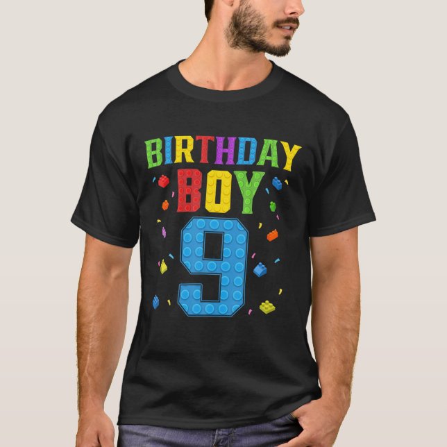 Cute 9th Birthday Gift 9-åriga Block Byggnad T Shirt (Framsida)