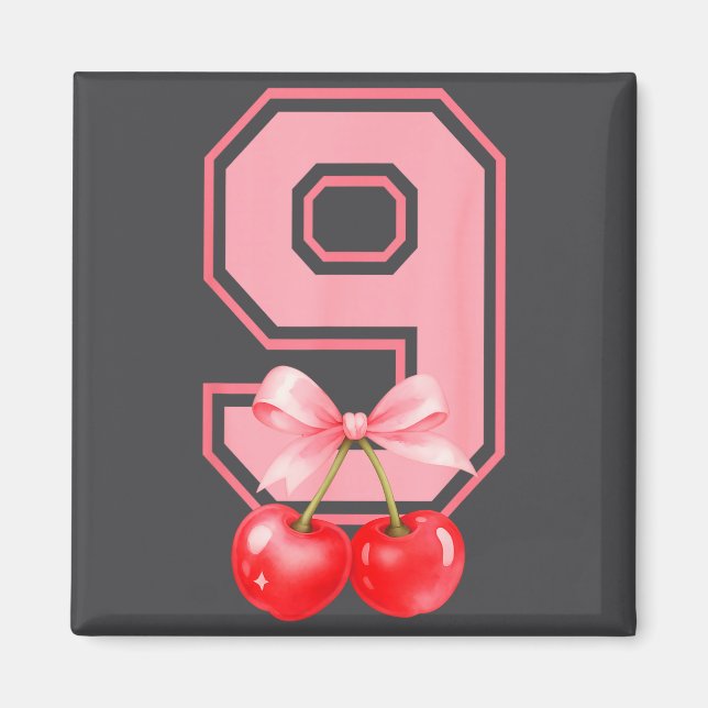 Cute 9th Birthday Girl Nk Cherry Coquette Bow 9 Ye Magnet (Framsidan)